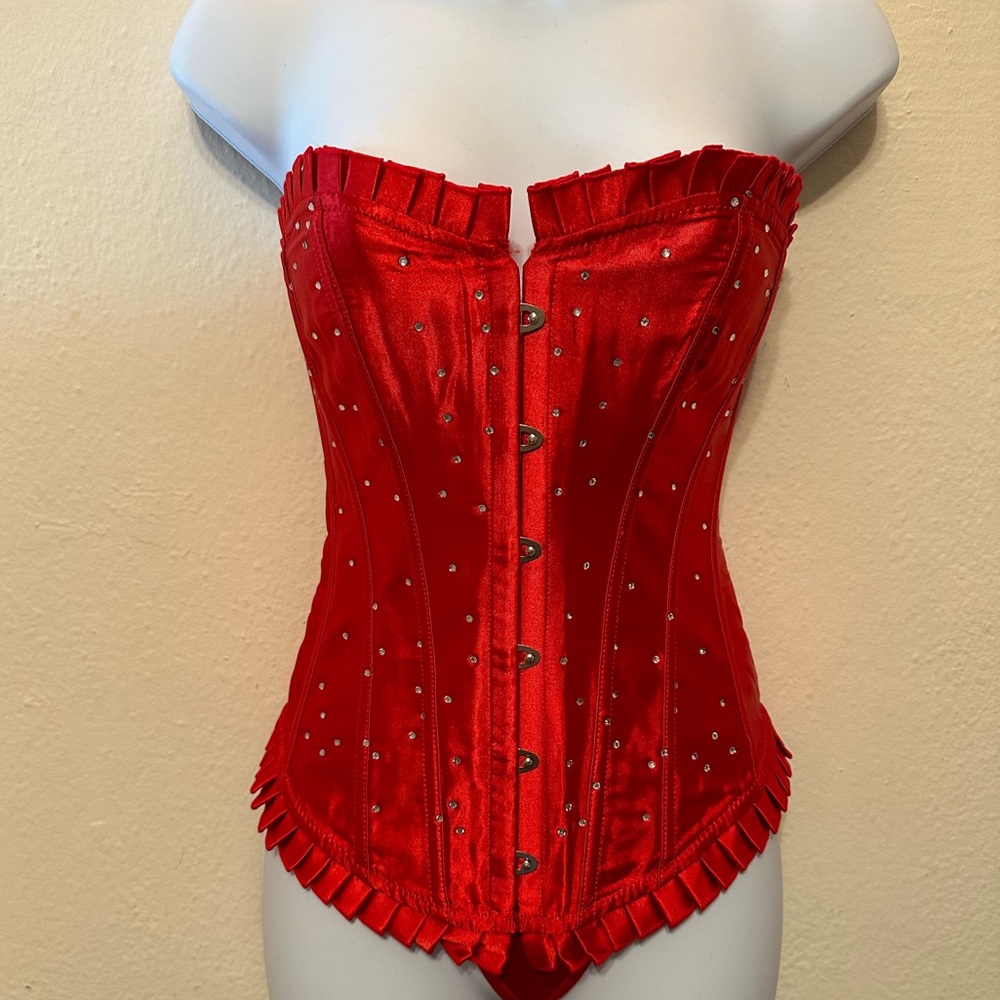 Beautiful satin corset embezzled/rhinestones. G-sting Brand new with tags on